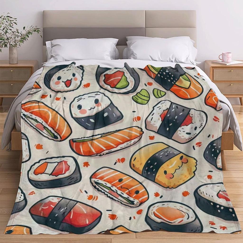Cute Cartoon Sushi Flannel Throw Blanket Kawaii Japanese Food Print Soft Warm Cozy Blanket for Sofa Bedroom Food Lover Gift
