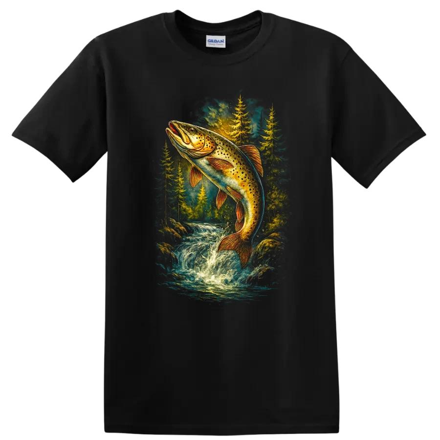 Trout Fishing T Shirt Wildlife River Scene Nature Tee Camping Outdoors