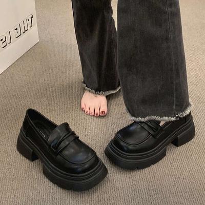 Британский стиль однопедальные туфли на толстом каблуке с завышенной талией, новая весенняя обувь 2024 года, черные туфли на платформе с большой головкой, маленькие кожаные туфли для женщин