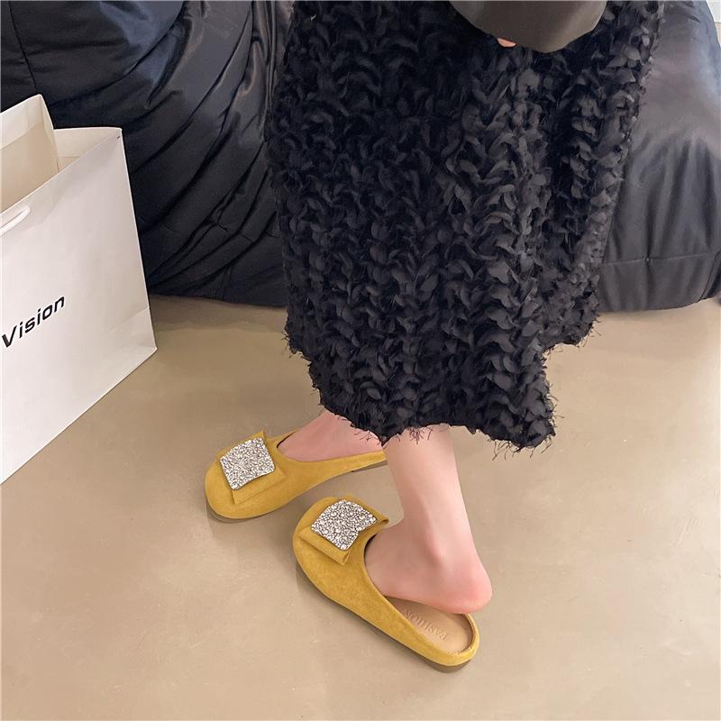 Baotou Half Slippers Women's Outer Wear Summer New One Pedal with Skirt Rhinestone Flat Bottom Sandals