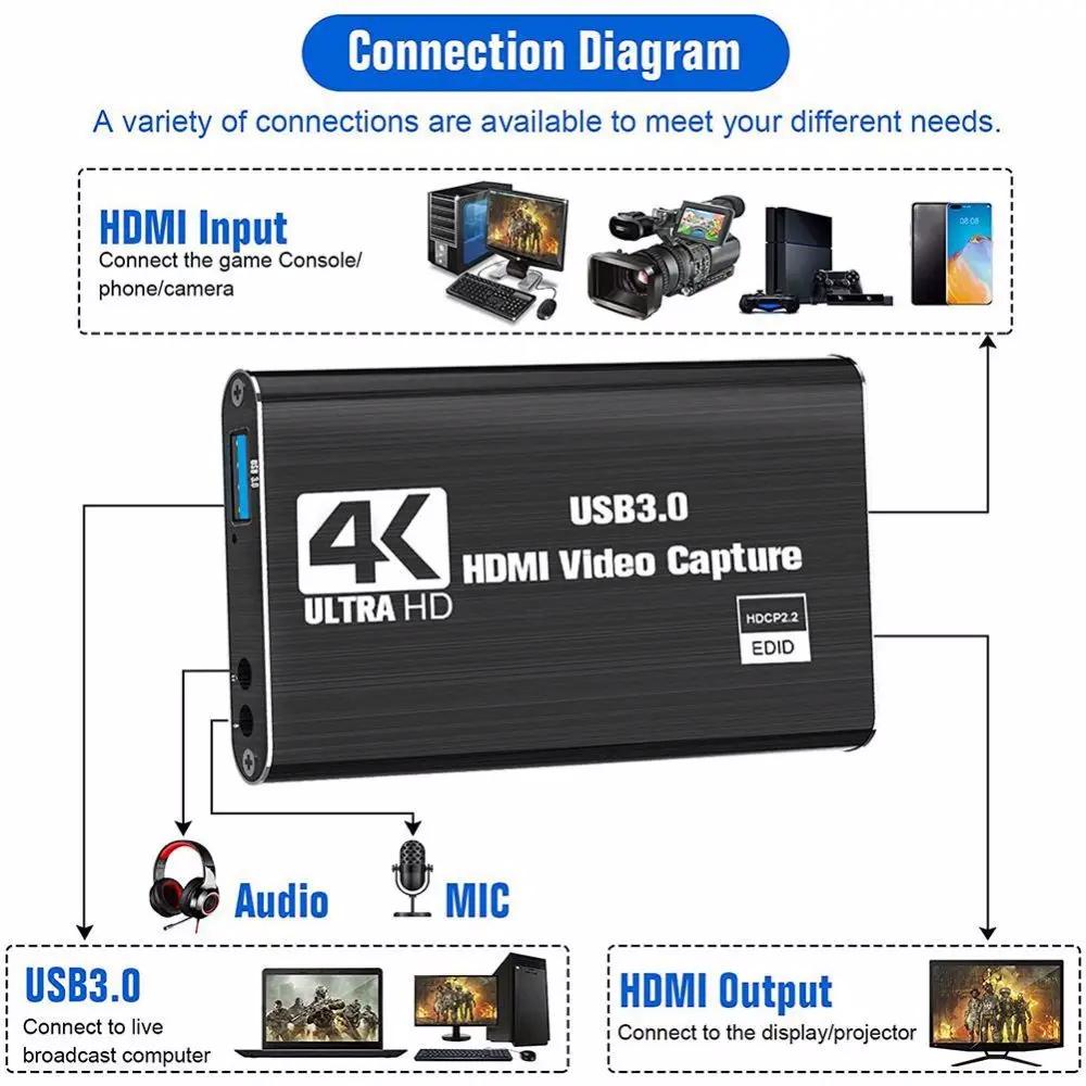 4k 1080p 60fps Hd Video Capture Card HdTV Camera Recording Box - Compatible With Usb 3.0pc Live Streaming Grabber Recorder
