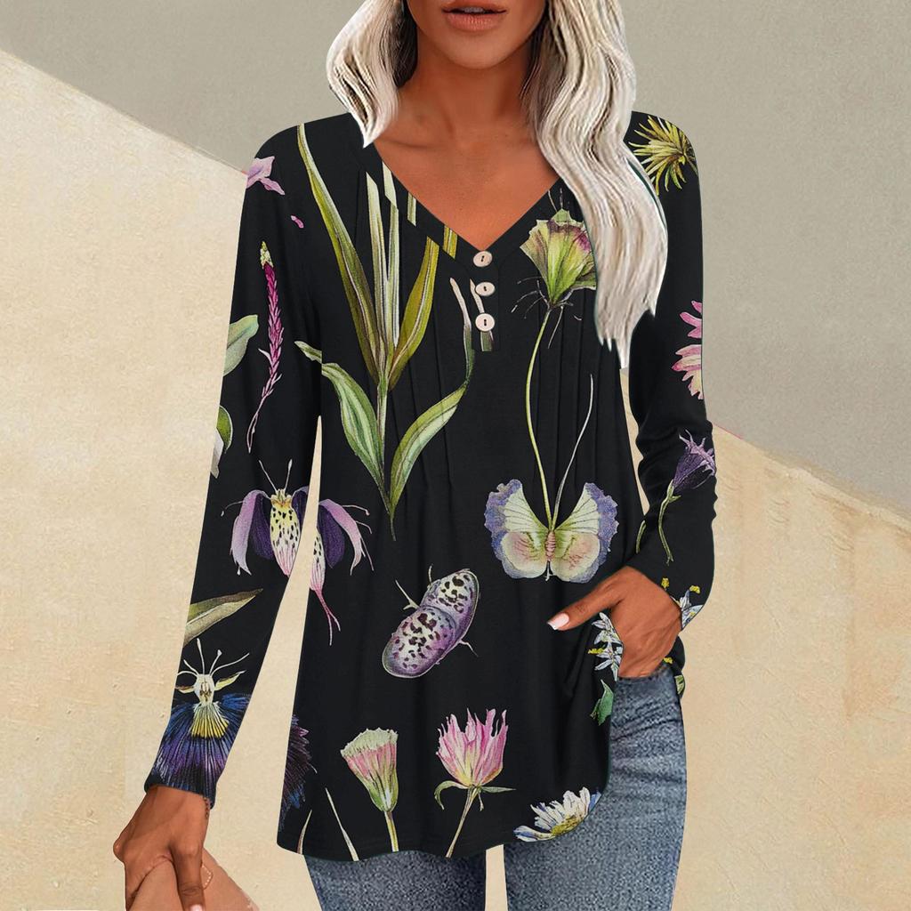 Женская модная повседневная плиссированная футболка с V-образным вырезом и растительным принтом, длинный рукав