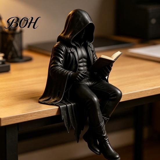 Skeleton Reader Figurine Gothic Dark Fantasy Figure, Reading Book Statue, Academy Bookshelf Ornament Home Decor for Library Office Study Room