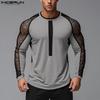 Men Round Neck Mesh Long Sleeve Patchwork See Through T-shirts Undershirts
