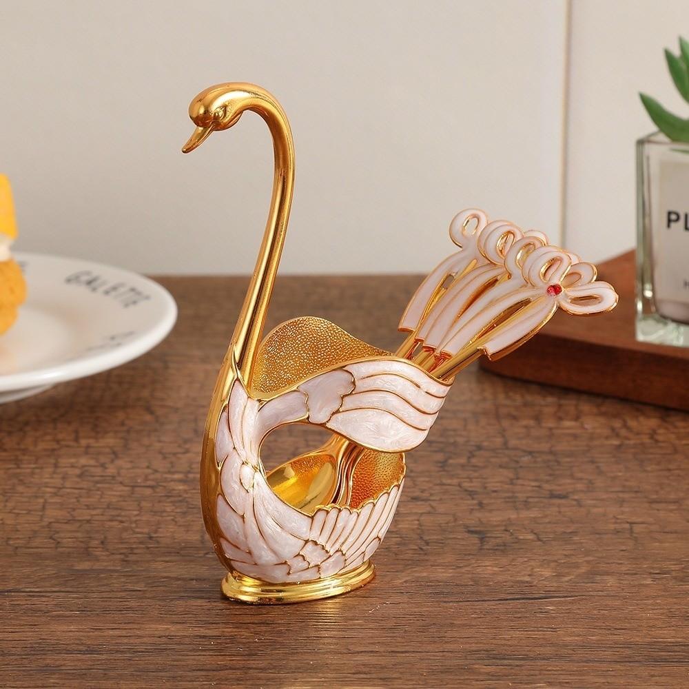 6 Pieces Coffee Spoon Set Swan Base Holder Stainless Steel Spoons Dessert Spoon Set Fruit Dessert