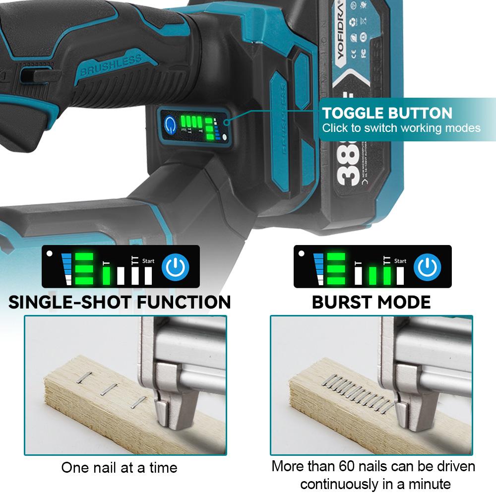 Yofidra Brushless 30mm Electric Nail Gun 2in1 Nailer/Stapler Gun Cordless Framing Nailer Tacker Tool For Makita 18V Battery Pins