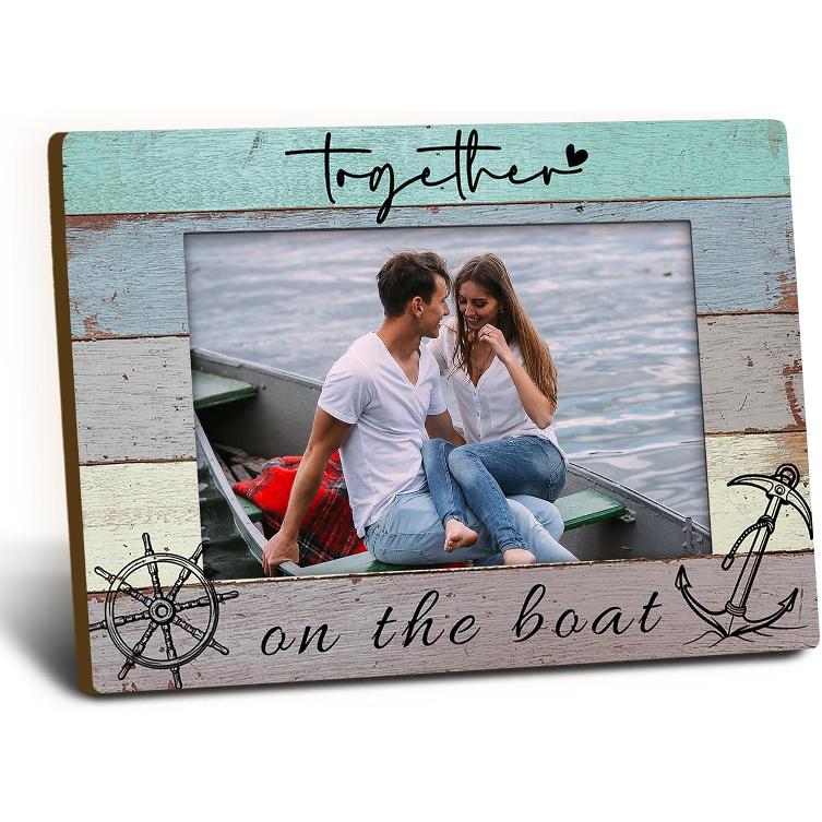 Together on the Boat 4x6 Picture Frame, Boat Lovers Captain Owner Gifts Wooden Picture Frame, Boating Gifts for Women Men, Nautical Anchor Rudder