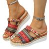 Модные летние новые красочные шлепанцы на танкетке с принтом для женщин, модные пляжные шлепанцы на высоком каблуке с открытым носком в богемном стиле