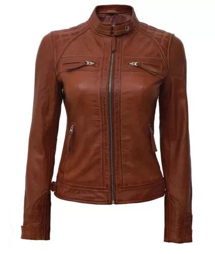 Brown Stylish Women's Leather Jacket Handmade Genuine Lambskin Biker Motorcycle