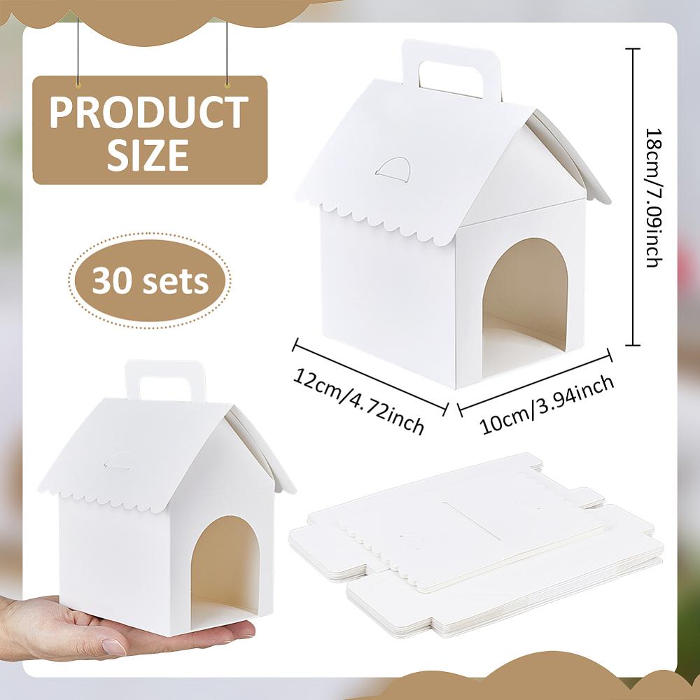 30sets Cardboard Paper Pet Gift Packing Boxes with Window and Handles House Shape White 12x10x18cm