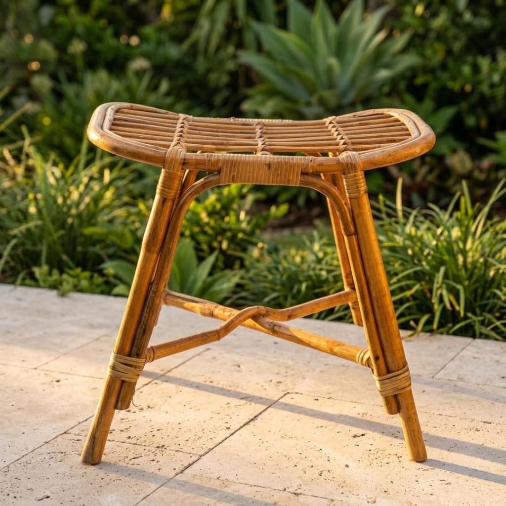 Eco Decx Premium Handcrafted Rattan Stool | Natural Brown Woven Footstool | Vintage Style Wooden Stool for Living Room| 45 x 40 x 49 cm