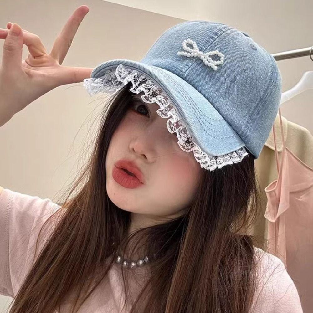 Lace Bow Baseball Cap Bowknot Peaked Cap Casual Denim Hat Outdoor