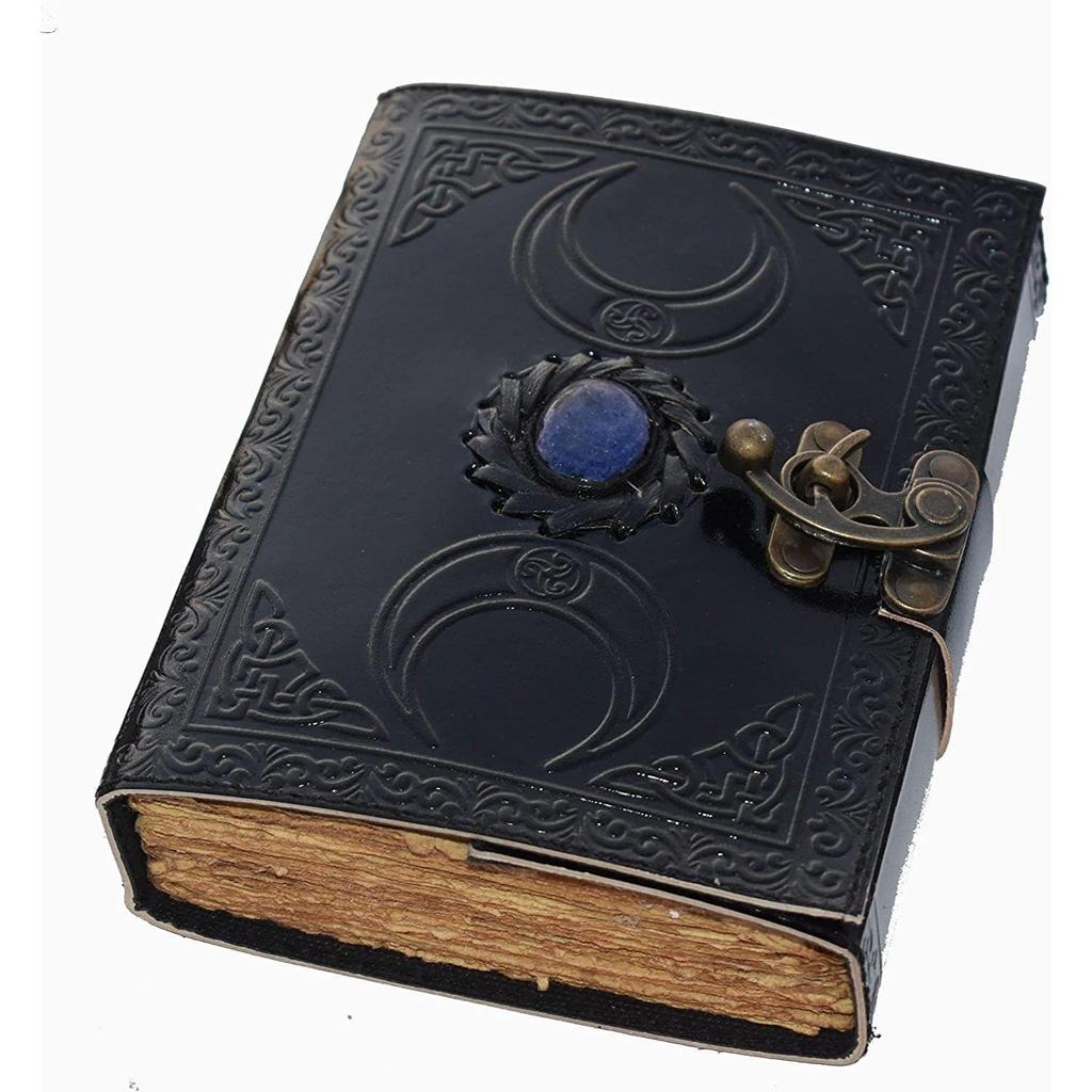 HANDMADE Antique Black Leather Diary - Triple Moon Embossed Journal with Stone and 200 Unruled Pages