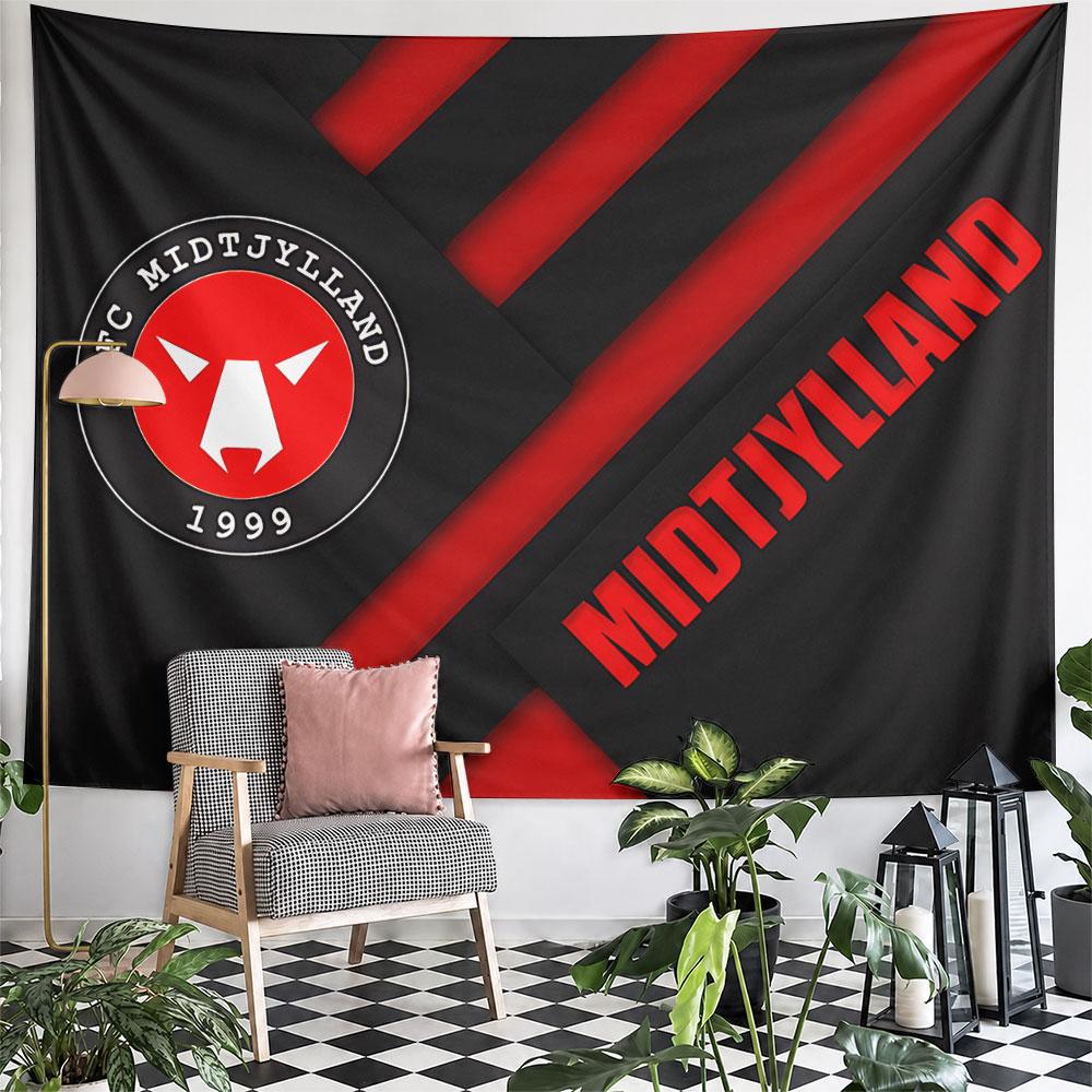 Red and black geometric design featuring FC Midtjylland logo and text. Patterned tapestry for bedroom and living room home decor