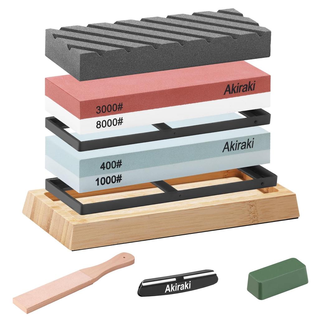 Akiraki Whetstone Knife Sharpening Surface with Fixed Angle Leather and Blue Perfect for Knife Sharpening Set, Double-Sided Stone, #400, #1000, #3000,