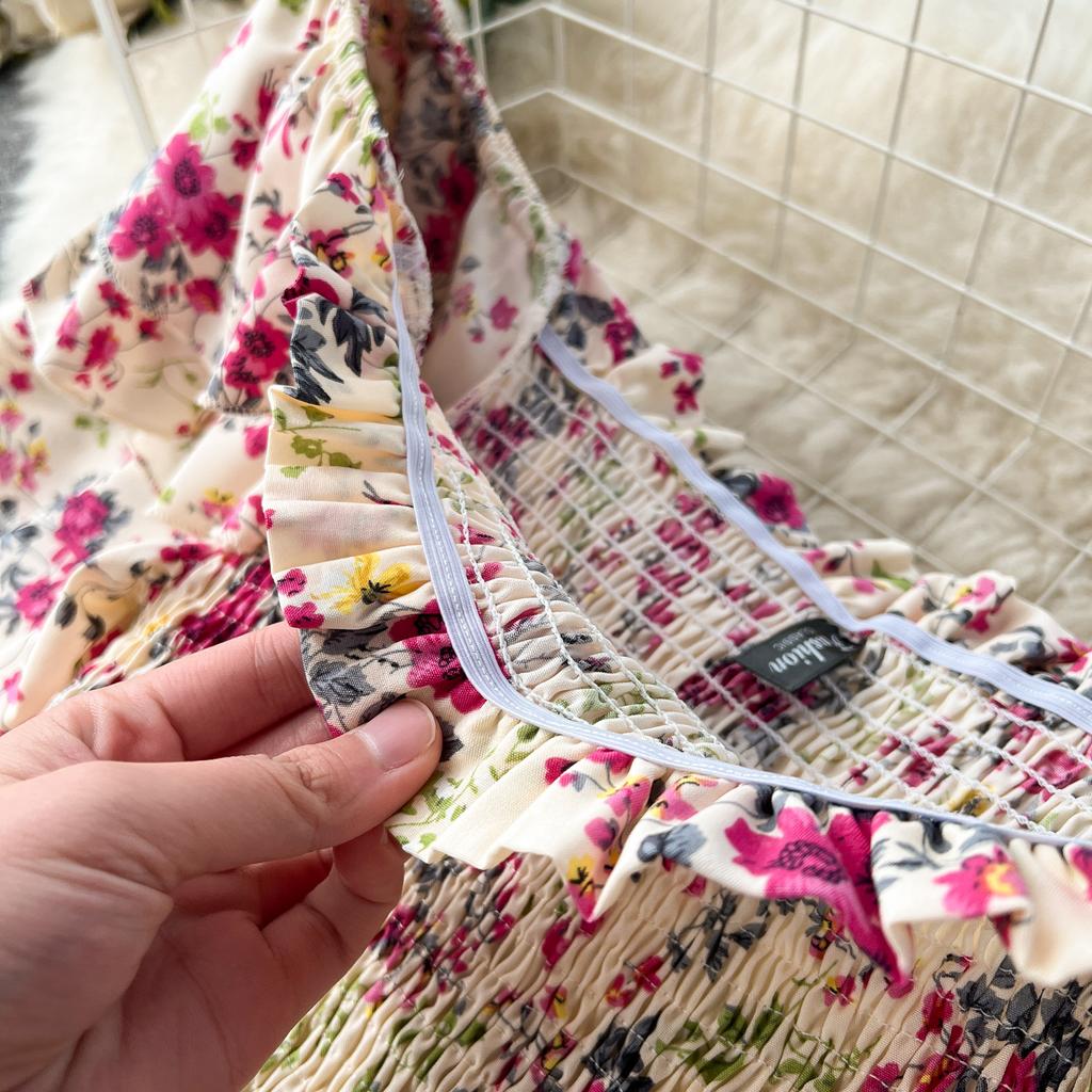 Женские летние каникулы с одним вырезом без бретелек с коротким рукавом и длинными цветочными платьями на талии