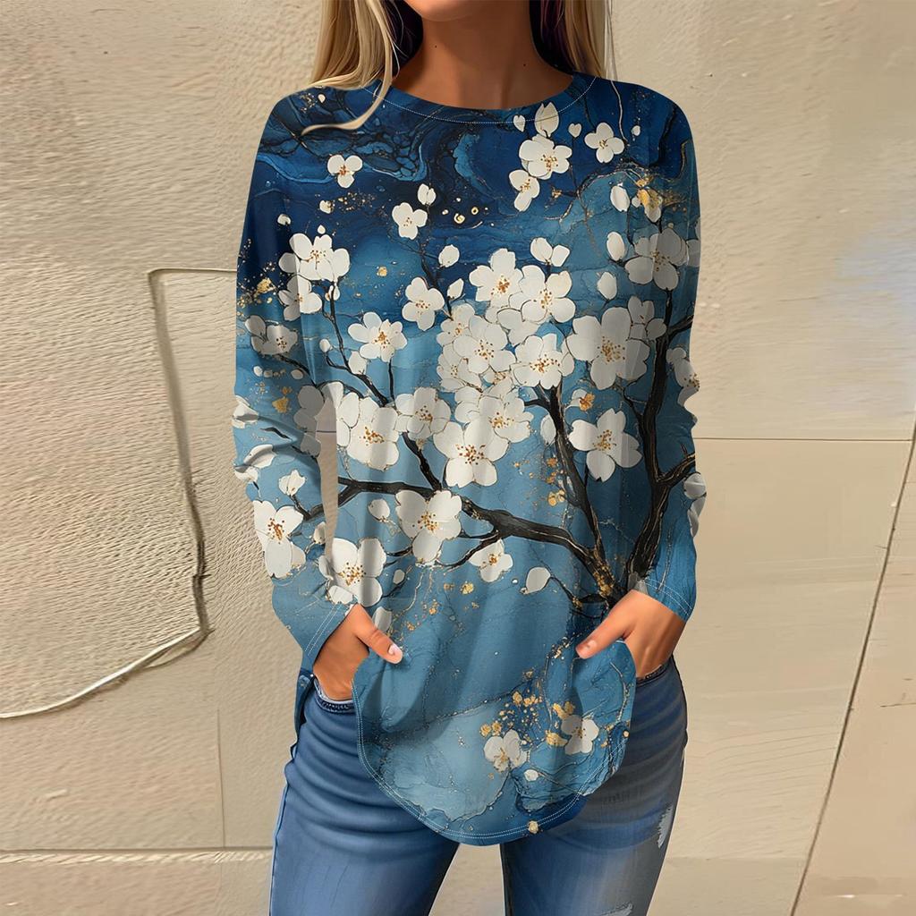 Women's Fashion Long Sleeve Round Neck Vintage Irregular Pullover Top