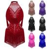 Girls Latin Dance Leotard Ruched Mesh Drapes Cutout Tassel Design Glittery Rhinestones Costume