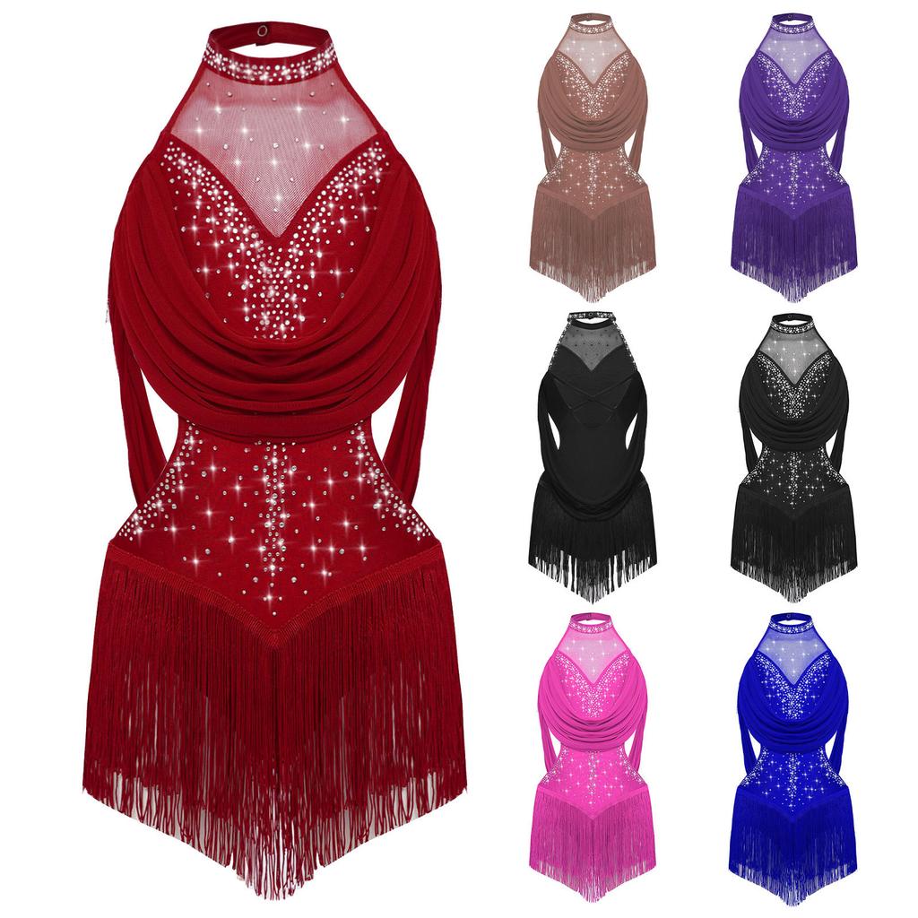 Girls Latin Dance Leotard Ruched Mesh Drapes Cutout Tassel Design Glittery Rhinestones Costume