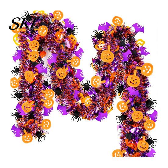 Flexible Iron Wire Tinsel Ribbon 78 Inch Halloween Garland, Shiny Metallic Twist Garland with Orange Pumpkin Encrypted Thick Three Dimensional