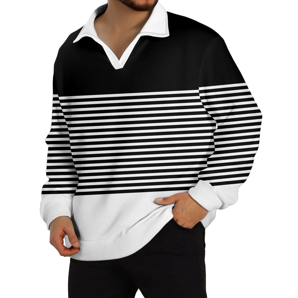 Men's Casual Fashion Printed Lapel Long-sleeved Knitted Bottoming Shirt Top