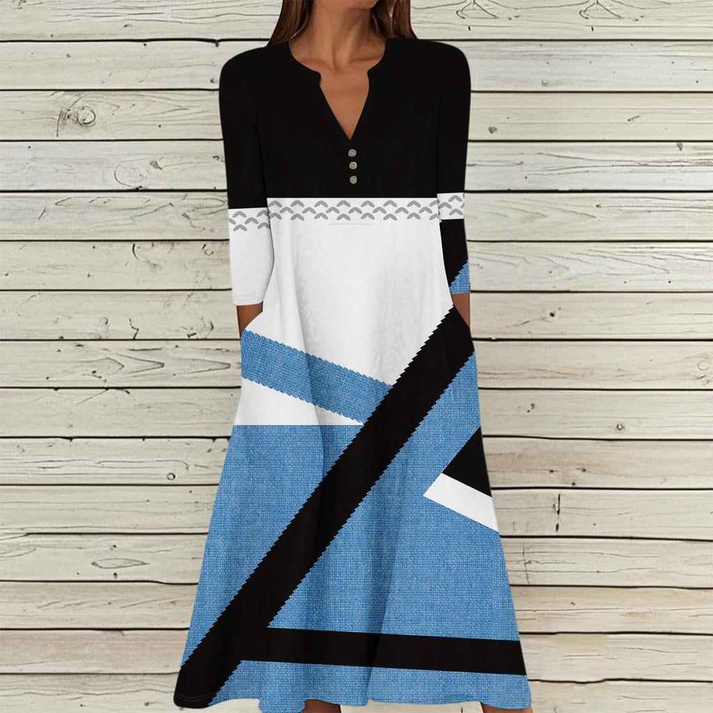 Женское летнее повседневное платье с V-образным вырезом на пуговицах, в стиле ретро, с геометрическим принтом, рукавами три четверти и карманами