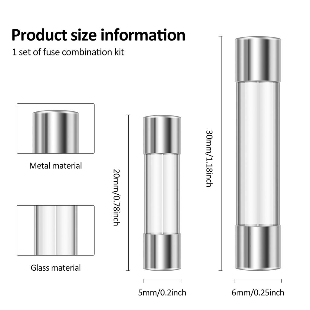 360Pcs Fast Blow Glass Fuses Assortment Kit 24 Values Auto Fuses Assortment Kit 5x20mm  6x30mm Glass Tube Fuses for Power Socket