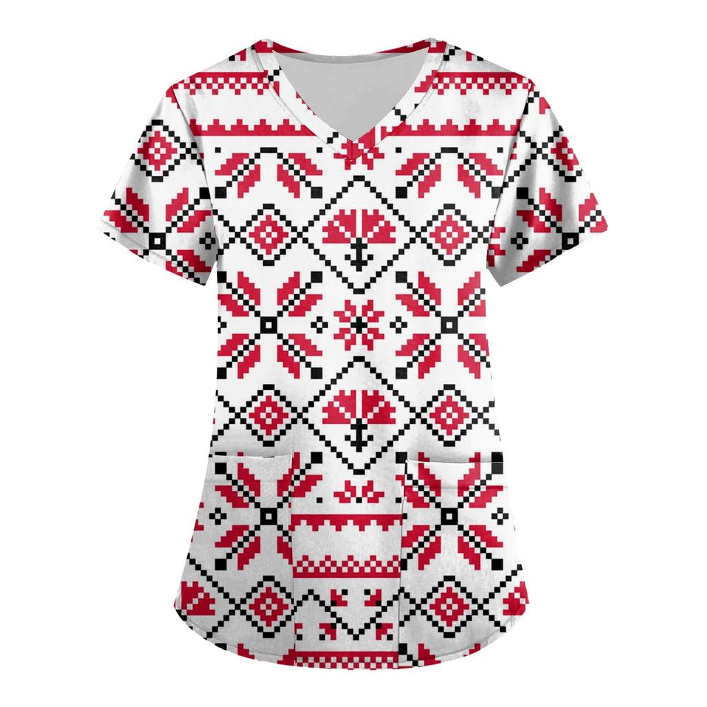 Women's Fashion Printing Short Sleeve V-neck Tops Working Pocket Blouse