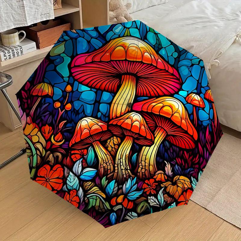 Stained Mushroom Garden Automatic Opening Folding Umbrella - Portable 3-Fold Design with Iron Frame, Perfect for Outdoor Use, Festive Gifts,