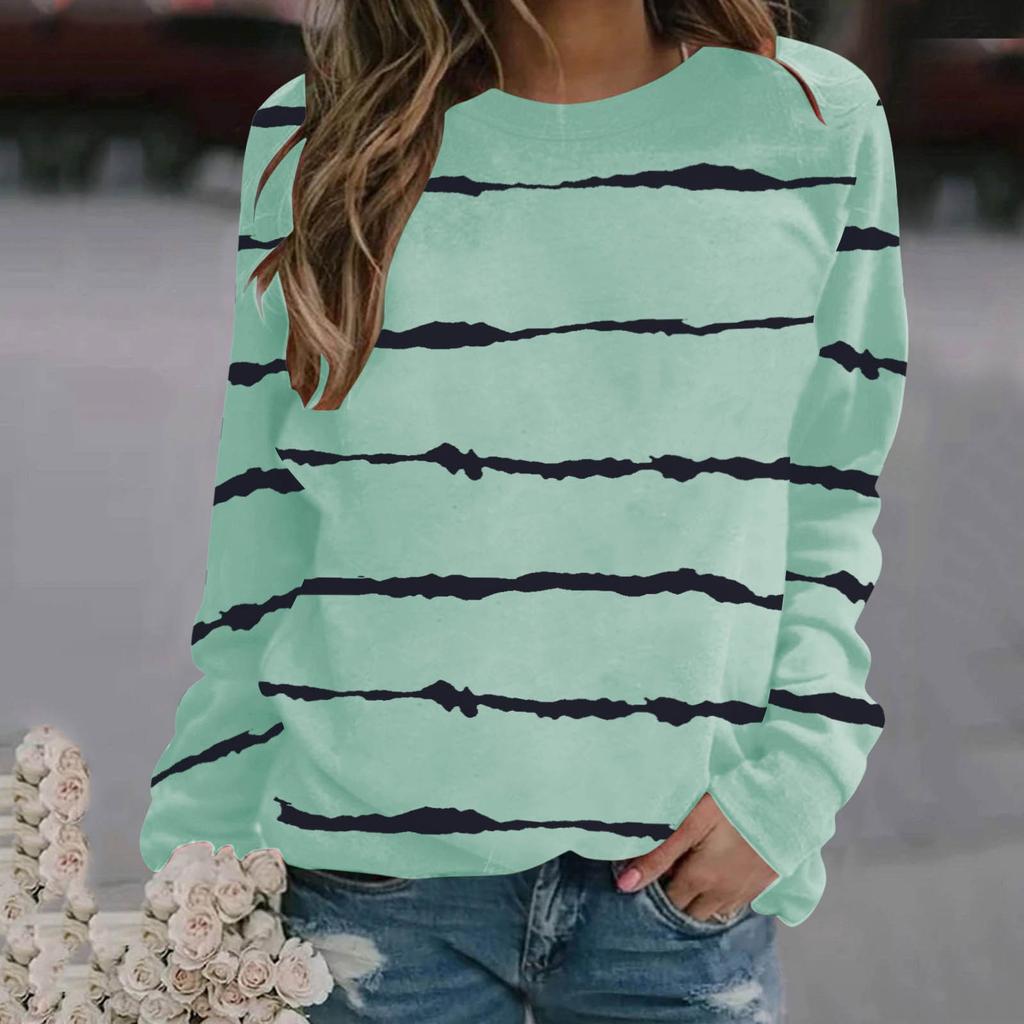 Women's Striped Printed Tops Casual Round Neck Long Sleeve Tops