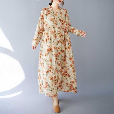 Настоящее весенне-летнее новое ретро-платье из хлопка и льна с принтом, свободное повседневное платье с воротником-грибком и длинными рукавами, с большими складками