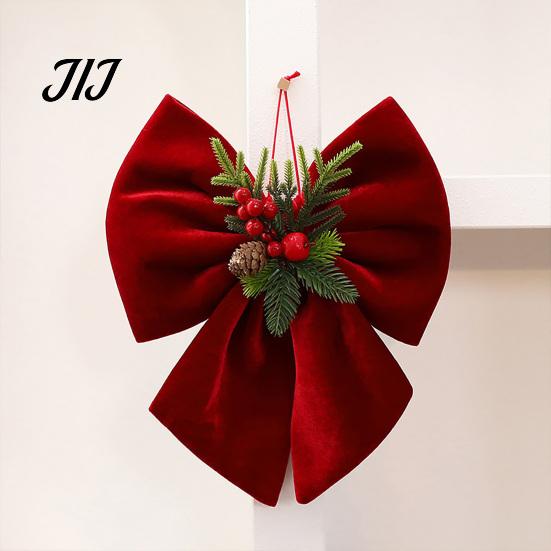 Gift Wrapping Decorative Bows Christmas Velvet Bow, Burgundy Red Hanging Bow Ornament with Holiday Party Ornaments Berries Pine Cones for Tree Wreath