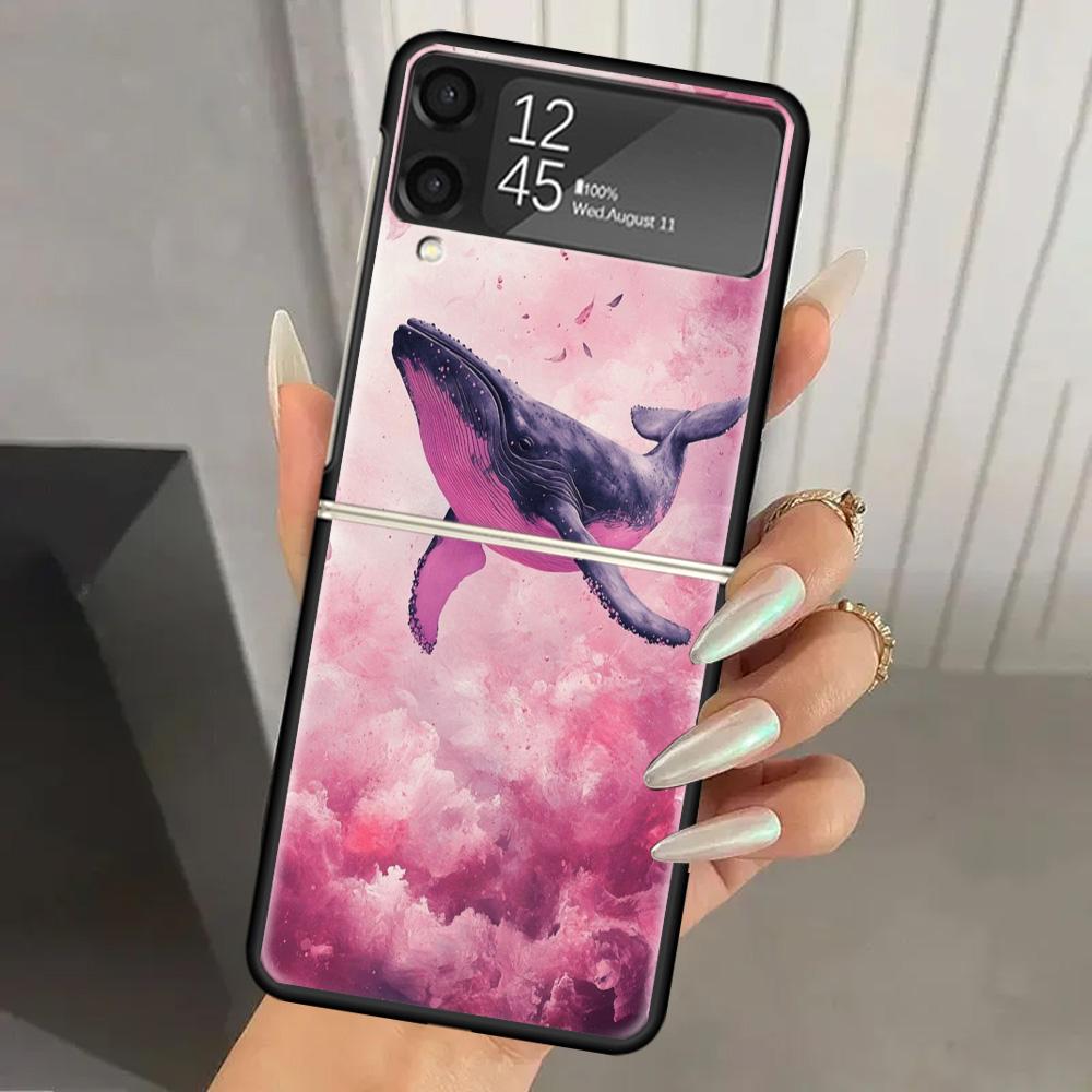 Китовый Горбатый Морской Гигант Жесткий ПК Чехол для Телефона Для Samsung Galaxy Z Flip 7 6 5 4 3 Черный ZFlip7 ZFlip6 Flip5 Flip4 Flip3 5G Печать C