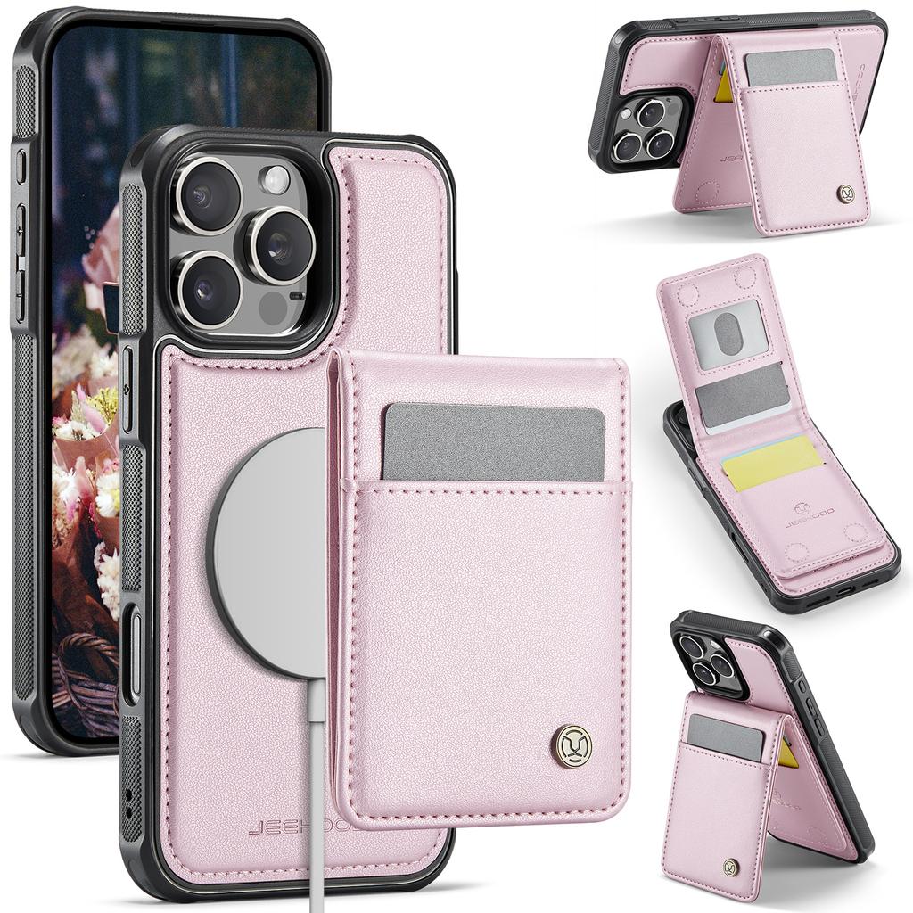 For iPhone 15 Pro Max Leather Back Cover Compatible with MagSafe JEEHOOD J06 Phone Case with Card Bag RFID Blocking