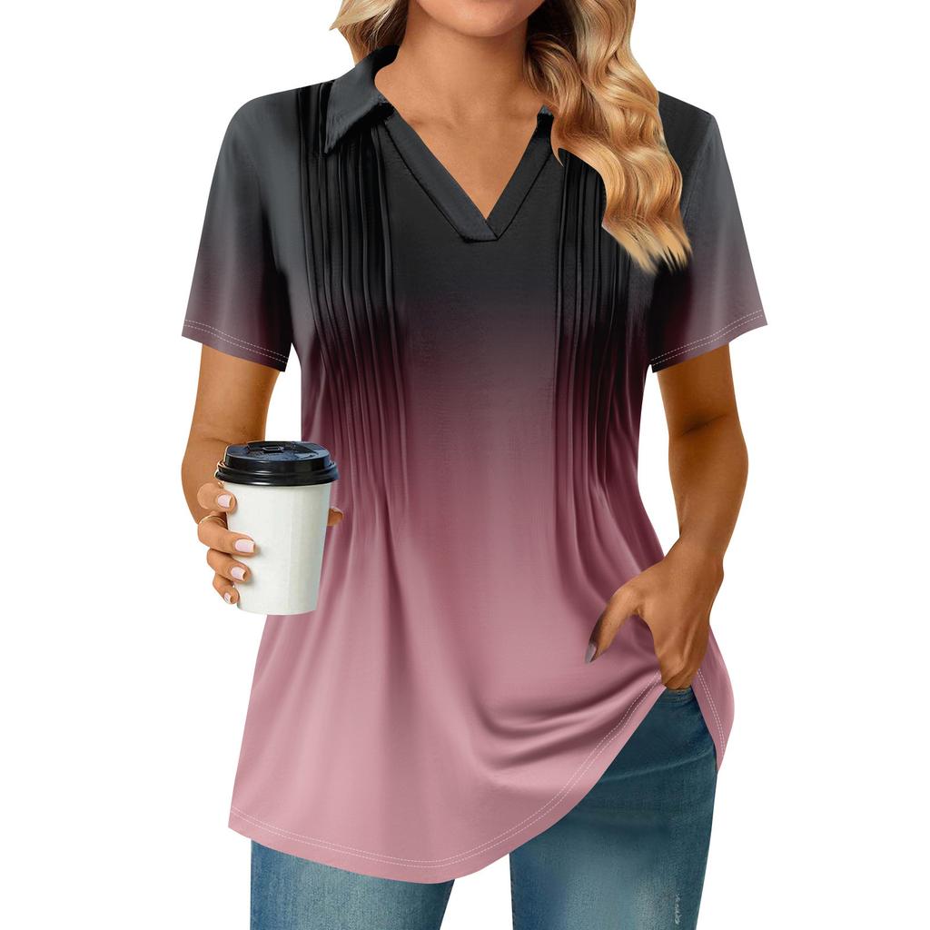 Женские футболки с коротким рукавом, плиссированные, с V-образным вырезом, с принтом, с воротником, летние топы, модные, деловые, повседневные, рабочие