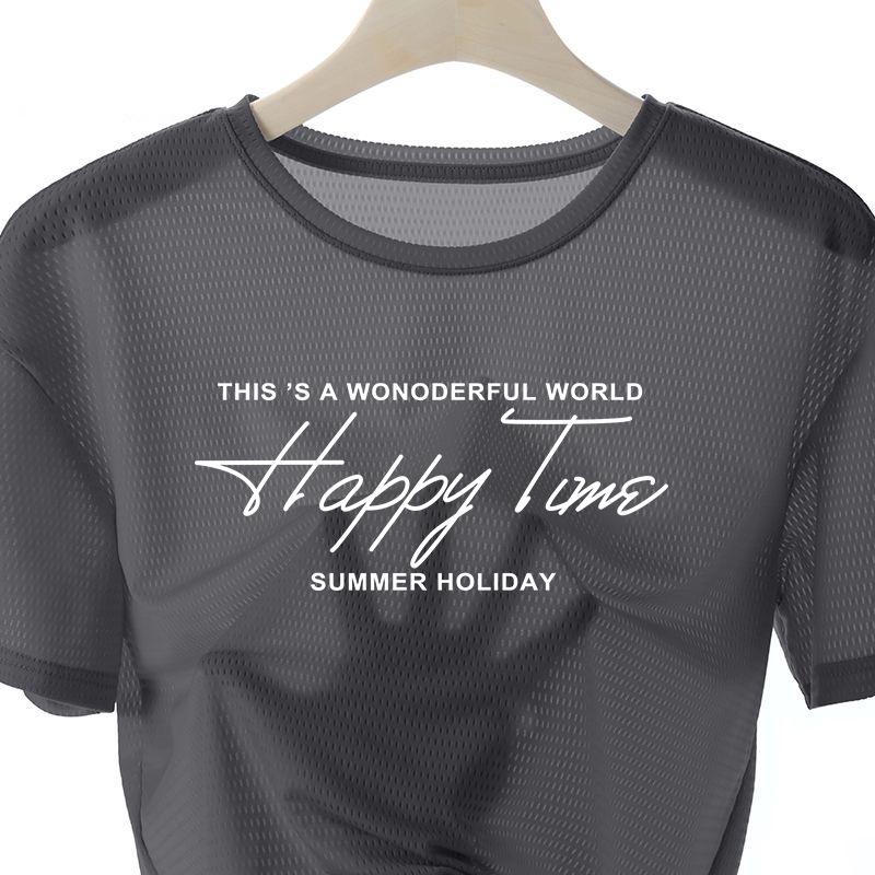 Мужская быстросохнущая сетчатая спортивная футболка Ice Silk с принтом — круглый вырез, короткий рукав, летний выпуск 2024 г.