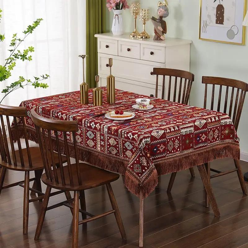 Geometric Patterns Chenille Tablecloth Tassel Edge Embroidered Dining Table Cover  Rectangular Thick Wear-resistant Table Cloth