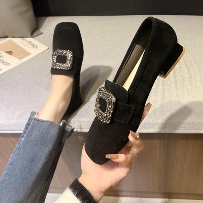 Женская мода Elegantes каблуки новые массивные квадратные пряжки глубокий рот французский ретро комфорт квадратный носок одинарные туфли Zapatos Mujer