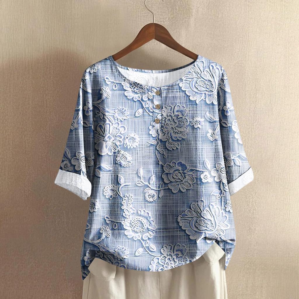 Женская модная и повседневная рубашка с полурукавом, круглым вырезом, принтом, из хлопка и льна, блузка-топ