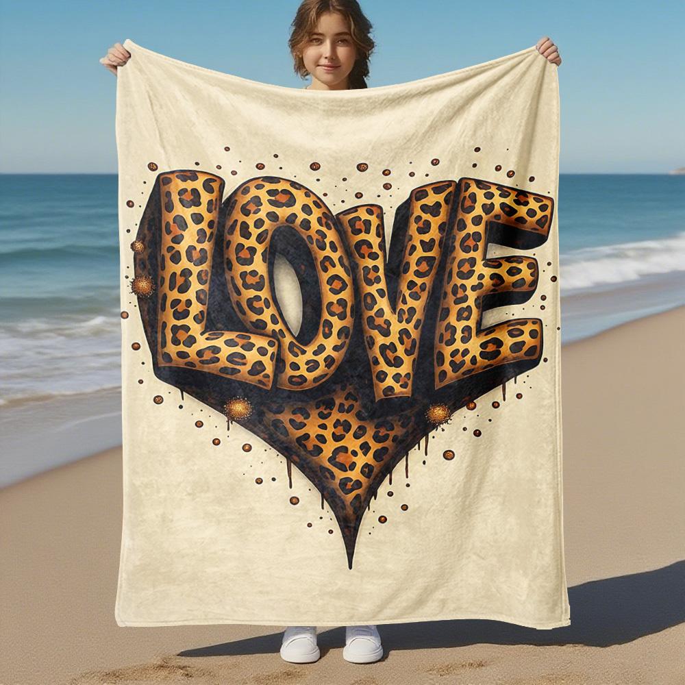 1pc love leopard print Outdoor Flannel Blanket Soft Warm All-Season Throw for Sofa Bed Car Camping Office, Cozy Gift Idea1183S