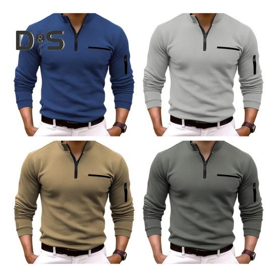 Осенне-весенняя мужская рубашка на молнии с полуоткрытым воротником-стойкой, однотонная, формальная, деловая, эластичная, для офиса, встреч, повседневная