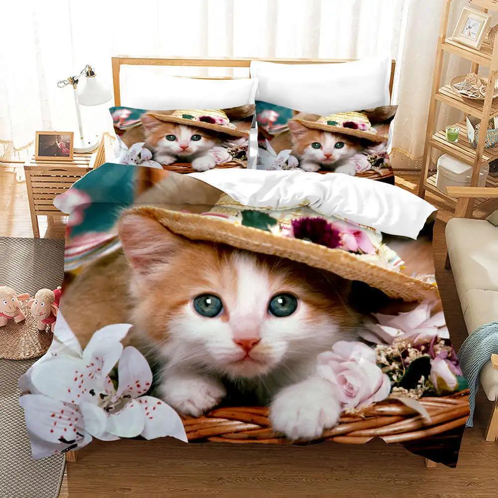 Комплект пододеяльника с кошкой Подарки для любителей кошек Постельное белье для женщин Милый узор с котенком Декор для спальни Полуторный Двуспальный Евро Кинг-сайз Пододеяльник
