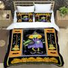 Halloween Patchwork Style Three-piece Bedding Set with Black Cat, Bat, Pumpkin, and Retro Plaid Print.
