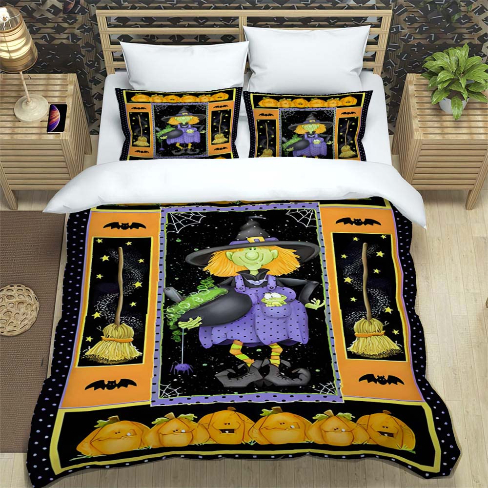 Halloween Patchwork Style Three-piece Bedding Set with Black Cat, Bat, Pumpkin, and Retro Plaid Print.