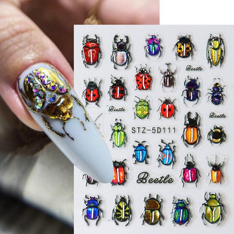 1 лист Y2K выгравированные летние маникюрные наклейки на ногти насекомые божья коровка цветок 5D самоклеящиеся украшения для ногтей