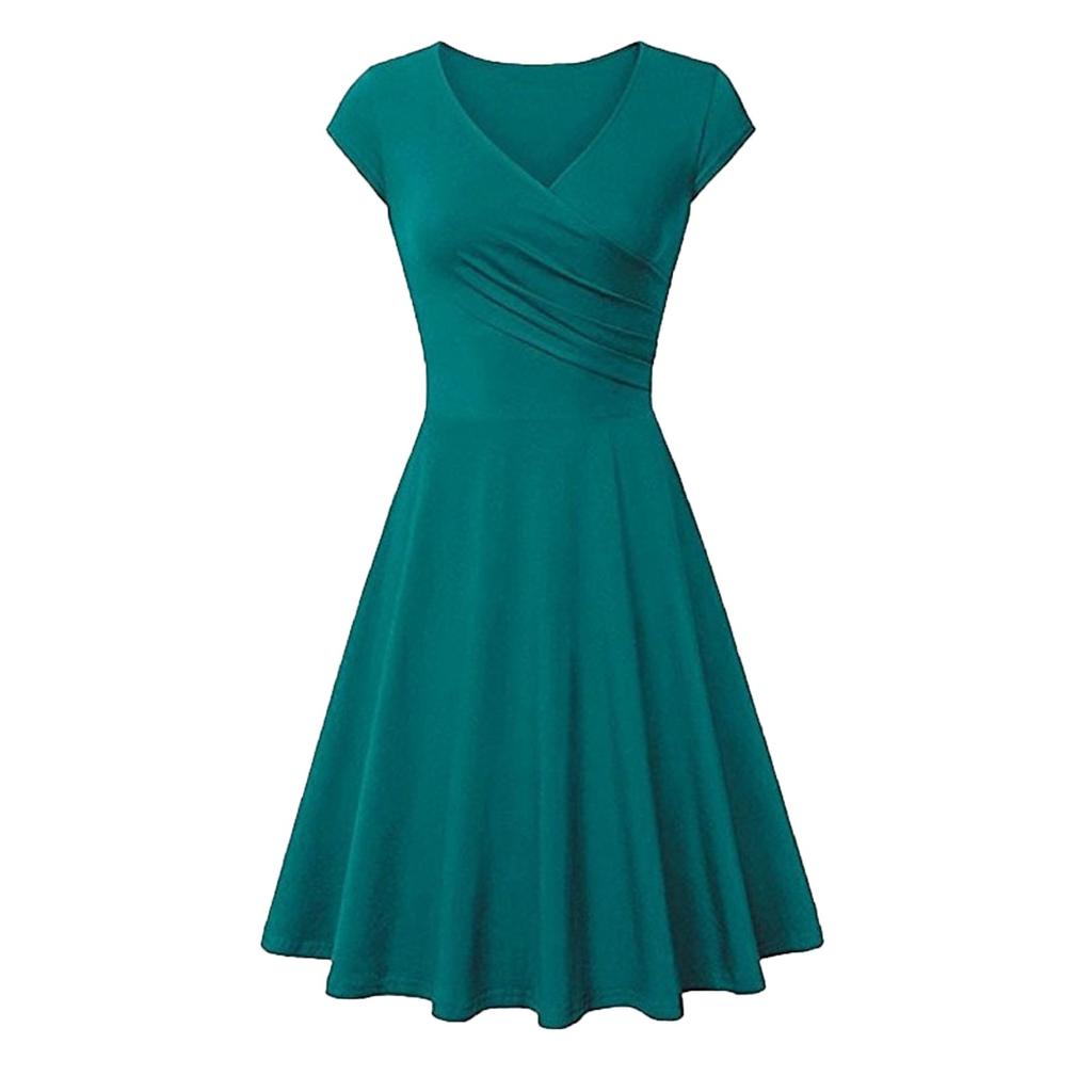 Fashion Women Solid Color Dress V-Neck Short Sleeve Evening Party Dress