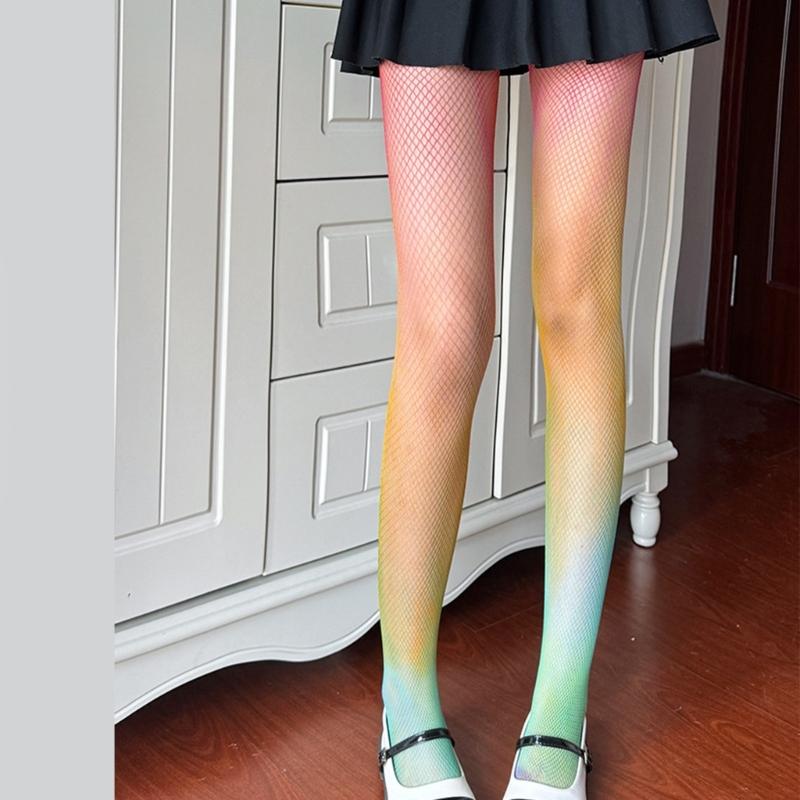 Sexy Gradients Rainbow Colorful Fishnet Tights for Women Candy Color Hollow Lace Jacquard Pantyhose JK Stockings Leggings