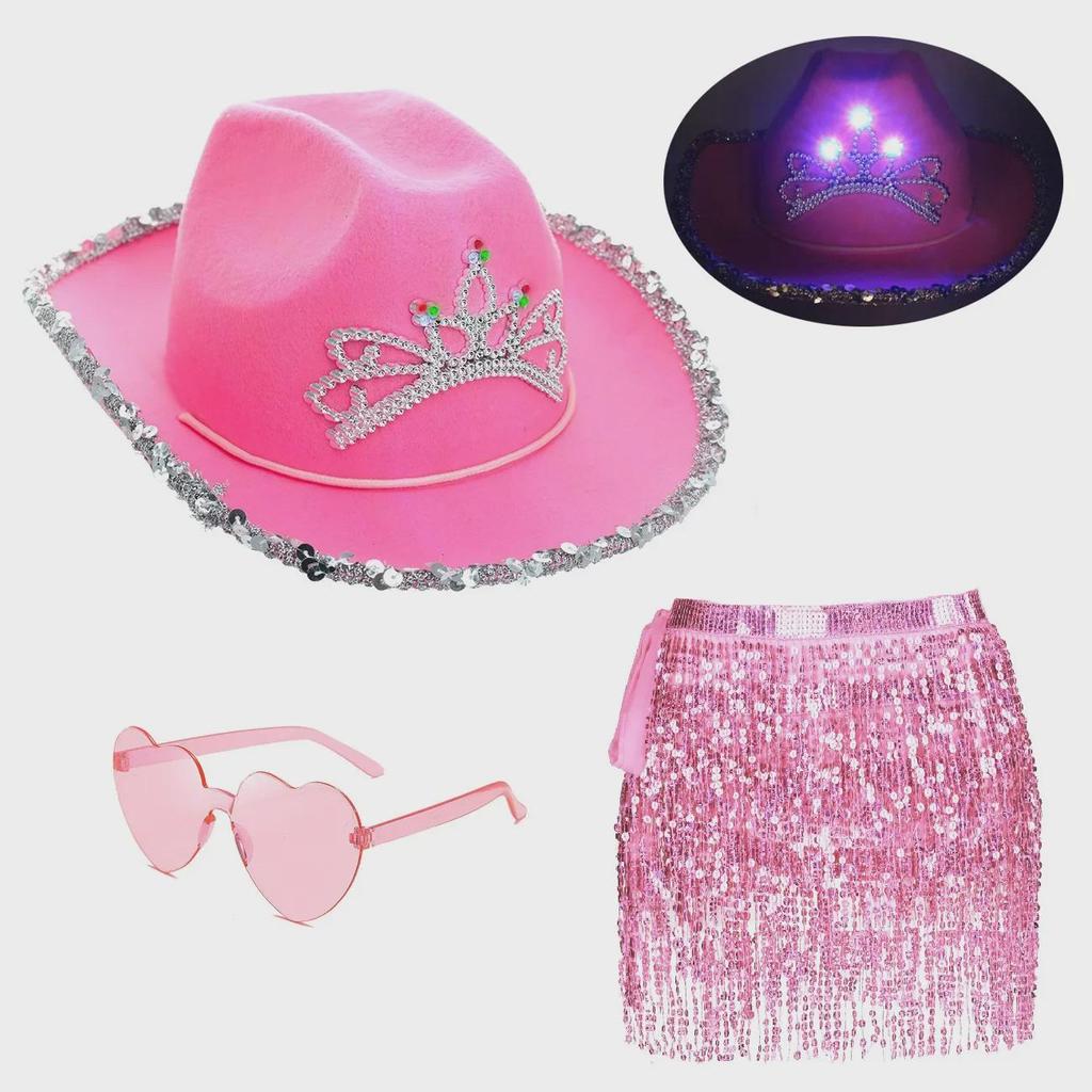 Трансграничная розовая ковбойская шляпа в стиле вестерн, солнцезащитные очки, квадратный шарф, танцевальная юбка с пайетками, платье для вечеринок и свадеб на Хэллоуин