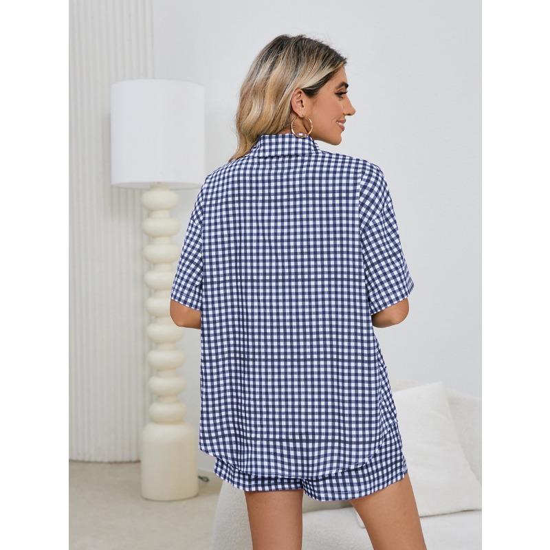 YYFS Женская мода повседневная летняя весенняя клетчатая рубашка с коротким рукавом и воротником-поло, брюки, костюмы