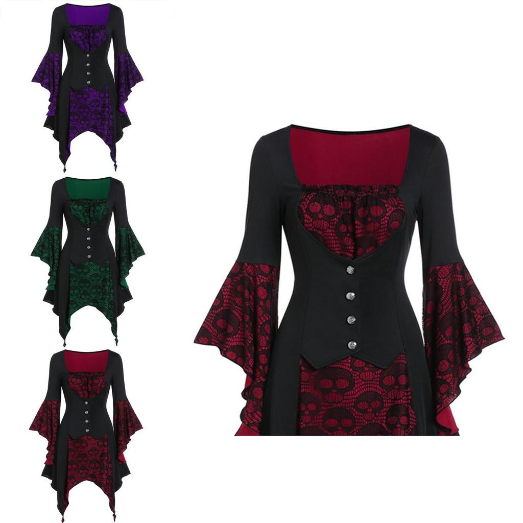 Women's Gothic Skull Pattern Medieval Renaissance Dress For Cosplay And Costume Parties